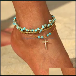 Anklety moda złote koraliki z kamieniem naturalnym Zestaw kropli dla kobiet dziewczęta bransoletka nóg nogi biżuteria hurtowa dostawa otg2o