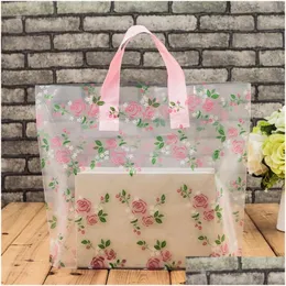 Enrole de bolsas de transportador de plástico transparente com alça com embalagem de boutique Floral Rose Impresso Large fofo 5 tamanhos LZ1177 Drop Delt Dh1Ca