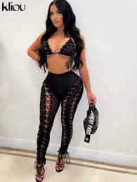 Two Piece Dress Bandage Mesh Patchwork Two Piece Sets Women Sexy V-Neck Lace Up Bra Top See Through Sheath Seductive Pants Clubwear Suits T230113