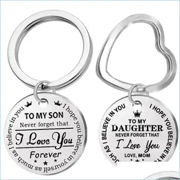 Key Rings Personalized To My Son Stainless Steel Keychain Engraved Daughter Love Mom Keyring Heart Chains Charm Pendant Drop Deliver Dhgzk