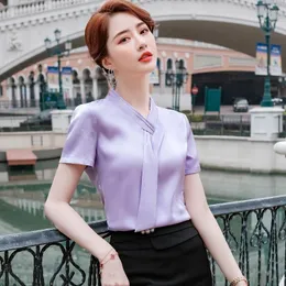 Kvinnors blusar Nyhet Purple Summer Short Sleeve Shirts For Women Business Office Work Wear Ladies Blue Cloths Tops Blusas