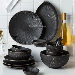 Piatti Set da tavola creativo europeo per la cucina domestica con presa, cucchiaio da bistecca in ceramica nera