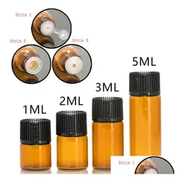 F￶rpackningsflaskor DHS 1 ml 2 ml l 5 ml Small Amber Glass Exempelflaskflaskor med ￶ppningsreducerande svart m￶ssa f￶r aromaterapi Essential oi DH17U