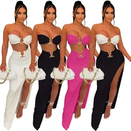 Two Piece Dress Echoine Strapless Crop Top Metal Decorate Split Skirt Irregular Skirt Set Two Piece Set Sexy Party Night Club Outfits Women T230113