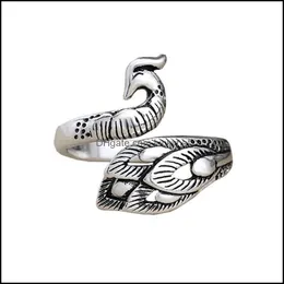 Ringas de cluster vintage Black Sier Color Peacock Phoenix Anel de pássaro para mulheres Tamanho da liga ajustável Boho Jóias femininas Deld otdqa