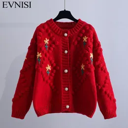 Kvinnors stickor Tees Evnisi Elegant Flower broderi tröja Cardigan Oneck Sticking Long Sleeve Jumpers Single Breasting Loose 230113