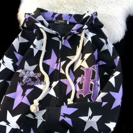 Herrtröjor tröjor Hip Hop Purple Pointed Star Full Print Hoodie dragkedja Cardigan Dark Goth Y2k kläder Löst överdimensionerad tröja Harajuku -par 230114