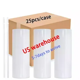 USA Warehouse 25pc/Carton Mugs Straight 20oz Sublimation Tumbler Blank Rostfritt stål Muggar DIY Vakuumisolerad bilkaffe 2 dagar Leverans SS0114