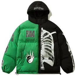 Herrjackor vinterjacka kappa män överdimensionerade skelett tryckt utkläder tjock varm vadderad huva löst streetwear harajuku punk retro parka