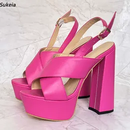 Sukeia New Arrival Women Summer Sandals Square High Heels Round Toe Beautiful Fuchsia Red Party Shoes Ladies US Size 5-15