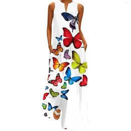 Casual Dresses Women Fashion Sexy Dress Digital Printing V Neck Sleeveless Long Soft Pocket Elegant Gauze Stitching