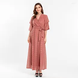 Ethnic Clothing Gold Stamp Maxi Dress For Women Wrap V Neck Belted Flare Sleeve Elegant Party Dresses Middle East Duabi Turkey Arabic