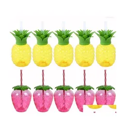 Party Decoration Hawaiian Decor Cartoon Pineapple Stberry Plastic St Cup Wedding Birthday Summer Tropical Supplies Drop Delivery Hom Dh0Kt