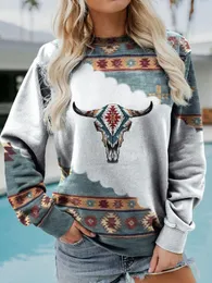 レディースフーディーズスウェットシャツcrewneckスウェットシャツ幾何学的な印刷パッチワーク長いスリーブカジュアルな民族のフォークプルオーバー女性ブラウストップ
