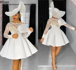 여성을위한 흰색 패션 칵테일 파티 드레스 긴 소매 레이스 레이스 아플리케 파티 공식 파티 볼 가운 푹신한 치마 짧은 무도회 드레스 두바이 아랍어 ASO EBI CL1691