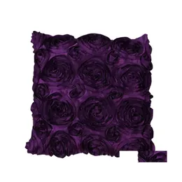 Kuddefodral Purple Satin Rose Flower Square Cushion Pillow Case er Drop Delivery Home Trädgårdsbäddar Bäddar leveranser DHSZW