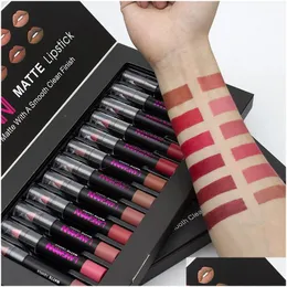 Lipstick 12pcs/set Sexy Red Lips Lips Matte Veet Lápis Cosmético Longo Lip Tormento Lip Pigmment Nude Brown M DHO19