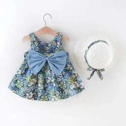 Flickaklänningar småbarn flickor sommar barn kläder ärmlös bowknot hängslen hatt född baby klädklänning