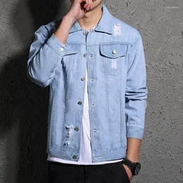 Men's Jackets Light Blue Jean Jacket Men 2023 Autumn Fashion Distressed Frayed Long Sleeve Ripped Teenager Male Korean Style Denim Coat