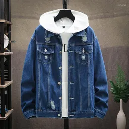 Men's Jackets Spring Autumn Men Denim Jacket Korean Loose Long Sleeve Ripped Jean Teenager Man Fashion Distressed Frayed Black Overcoat