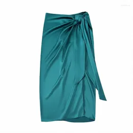 Skirts 2023 Knotted Silk-Satin Midi Skirt Asymmetrical Vintage A-Line Streetwear Sarong High-Waisted 221127