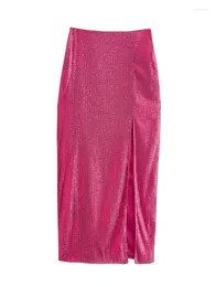 Skirts ZXQJ Women 2023 Fashion Front Slit Shiny Sequin Midi Skirt Vintage High Waist Side Zipper Female Mujer