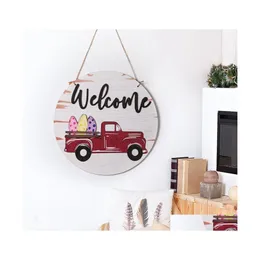 Novelty Items Interchangeable Seasonal Red Truck Welcome Door Sign Wooden Round Hanger Wreaths Signs For Farmhouse Home Decor Drop D Dhlth