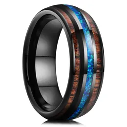 Fashion 8mm Wood Titanium Steel Rings For Men Women With Blue Fire Opal Ring Men Wedding Band Jewelry