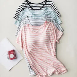 Women's Sleepwear Built In Bra Sleep Shirts Women Loose Fit Short Sleeve Striped Modal Wear Summer Padded Breathable Lounge LingerieWomen's
