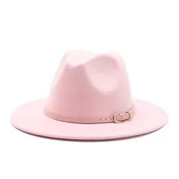 ワイドブリム帽子ファッションメン女性ピンクベルトドレスハットウールフェルトパーティージャズトリルビーフェドーラ卸売