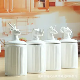 Storage Bottles White Ceramic Container Sheep Rhinoceros Animal Head Sealed Candy Tea Kitchen Containers Home Decor