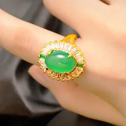 Wedding Rings Ethnic Women's Ring 24K Gold Color Oval Vintage Delicate Green Natutal Stone White Crystal Finger Bride Jewelry