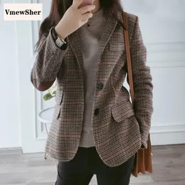 Womens Suits Blazers VmewSher British Style Slim Women Plaid Blazers Patch Patchwork Women Classic Suit Coat Formal Lady Single Breasted Outwear 230113