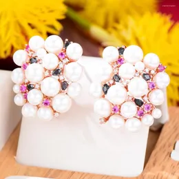 Stud Earrings GODKI Summer Daily Flower Cluster Pearl For Women Cubic Zirconia Crystal CZ Statement Earring Brincos Bijoux