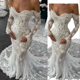 Wedding Sexy Mermaid Dresses Sweetheart Off Shoulder Lace Appliques Pearls Long Sleeves Illusion Sheer Vestidos De Novia Bridal Gowns Africa Robes Mariee