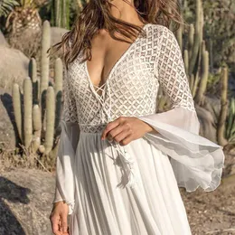 Casual Kleider 2023 Frauen Kleid Lange Flare Hülse V-ausschnitt Weiß Hohl Boho Spitze Maxi Urlaub Chic Sommer Weibliche