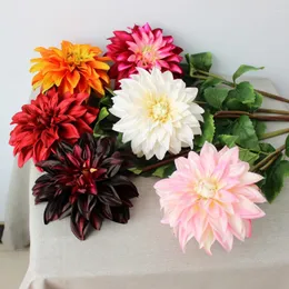 Decorative Flowers Luxury Large Real Touch Dahlia Artificial Flower Long Branch With Green Leaf For Home Room Decor Fake Wedding Decoration