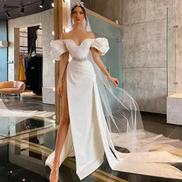 Bröllopsklänning sexig sjöjungfru klänningar 2023 Crystal bälte ivroy brudklänning för brud puff ärmar hög split satin vestido de noiva