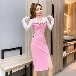 Lässige Kleider Yilin Kay 2023 Herbst Frauen High-End-Spitzenkleid sexy ausgehöhlte Wrap Tight Vestidos