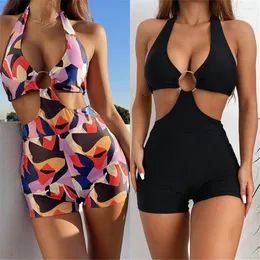 Womens Swimwear sexy One-Pieces Big Steel Ring Connect Bodysuit Female Summer Monokini Bandage Halter Top Beachwear Retro 2023 Bikini