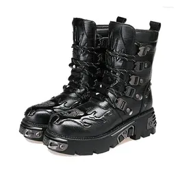 Boots Gothic Punk Men's Leather Motorcycle Platform Rubber Black Warm Mid Calf Military Combat Fashion47