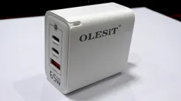 Caricatore da parete GaN OLESiT da 65 W Doppio adattatore PD3.0 Type-C e QC3.0 USB-A a ricarica rapida a 3 porte