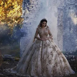 Bröllopsklänning Guld Långa ärmar 2023 Blommor Spets Brudklänning På lager Vestidos De Novia
