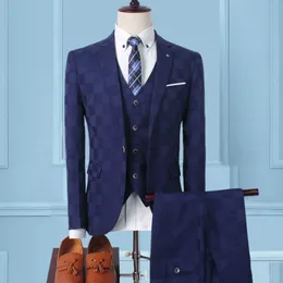 Męskie garnitury Blazery Plaid Suit Men Blazer Vest Pants Business British Style Suknia ślubna Bankiet High End Slim Fit Kurtka 3 -częściowe zestaw 230114