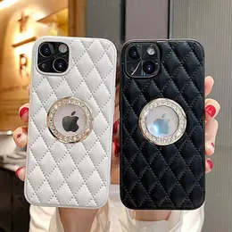 Luxury Diamond Clear Logo Jewelled Leather Phone Cases For iPhone 14 13 Pro Max 12 11 XS XR 7 8 Plus Grid Glitter Cute Coque Gold