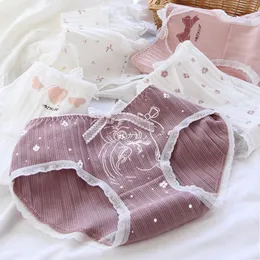 Panties 5Pcs/1lot Kids Girls Underwear Cotton Briefs Cartoon Printed Bow Lace Middle Waist Teenage Japanese Sweet Style