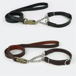 Hundkrage Real Cowhide läder Pet Pinch Collar Leads Strap Manual Stor kedja Neck justerbart spännerep Lösning för medelstora stora hundar Lea