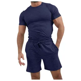 Men's Tracksuits Two Piece Set Men Soild Silm Short Sleeve Suit Conjuntos De Hombre Casual Straight Pocket Lace Up Sets Camisa Masculina