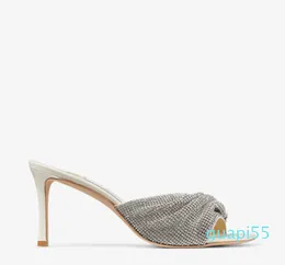 Summer women sandal high heel slide slipper shoes Mule 75mm Latte Nappa Leather Mules with Crystal Mesh luxury brand designer