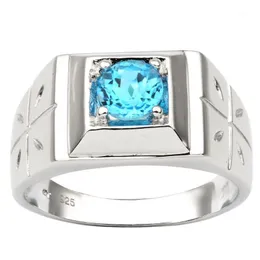 Cluster Rings Natural Blue Topaz Men Ring Cross 925 Sterling Silver 6mm Gemstone December Birthstone Birthday Gift R510BTN1
